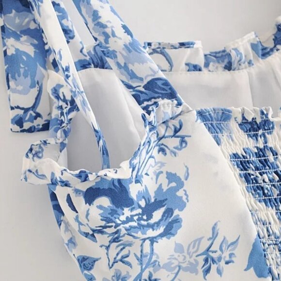 New Blue Toile Floral Ruffle Midi Dress by Manu Reformation Nikita Olympia 6 / S - Picture 9 of 16